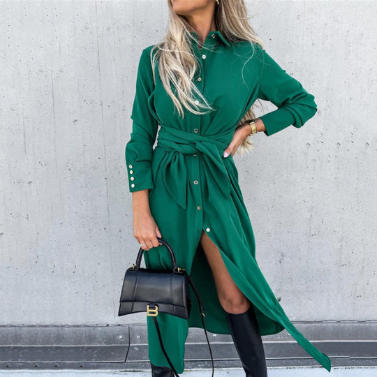 Damen Lange Hemdbluse mit Bindegürtel und elegantem Material Heidi-Mode