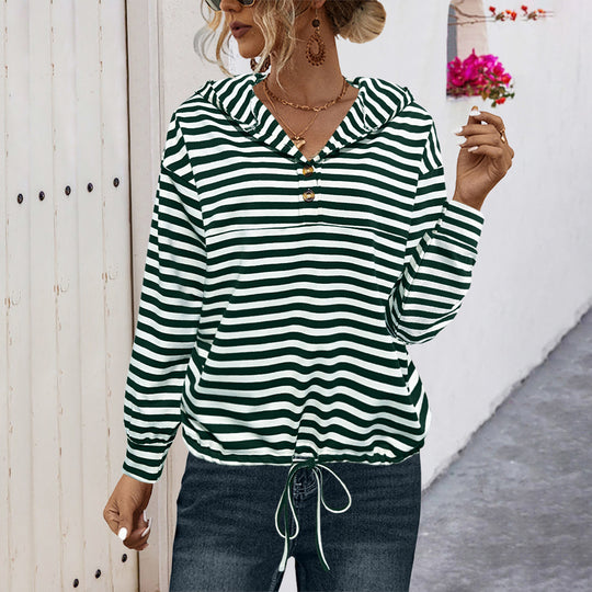 Damen Kapuzensweatshirt mit gestreiftem Design und verstellbarem Bund Heidi-Mode