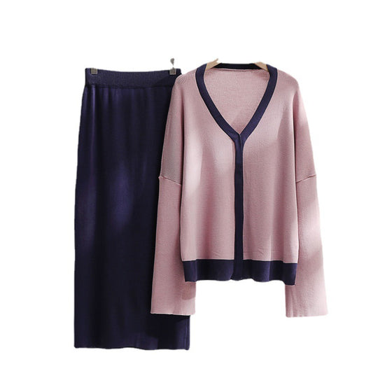 Damen elegantes Strick-Kombinationsset mit tiefem V-Ausschnitt und Kontrastdetails Heidi-Mode