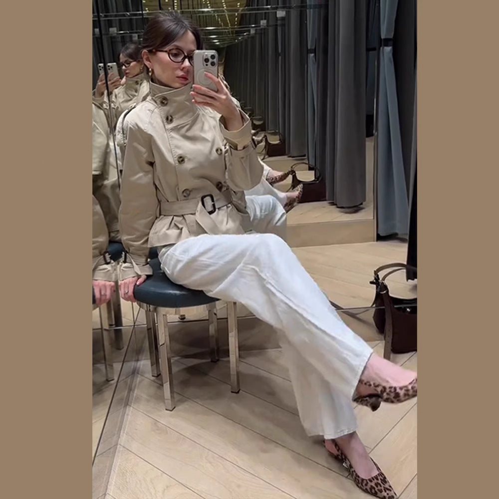 Damen trendige Kurzjacke im modernen Trenchcoat-Stil mit breitem Kragen und Taillengürtel Heidi-Mode