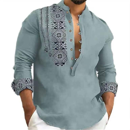 Herren Halbarm-Hemd mit traditionellem besticktem Kragen und Knopf-Design Heidi-Mode