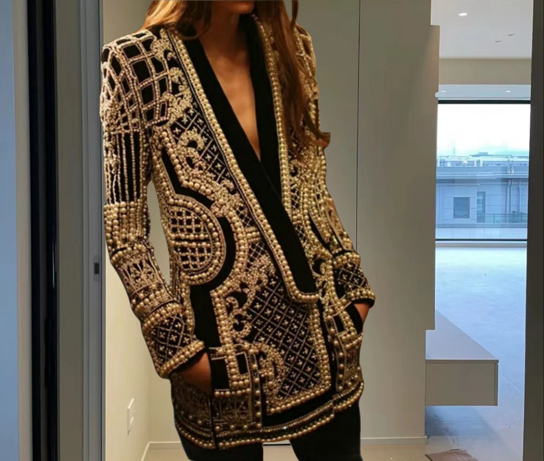 Damen Elegante Strickjacke mit funkelndem Perlenbesatz Heidi-Mode