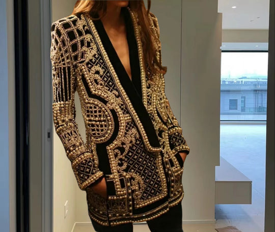 Damen Elegante Strickjacke mit funkelndem Perlenbesatz Heidi-Mode