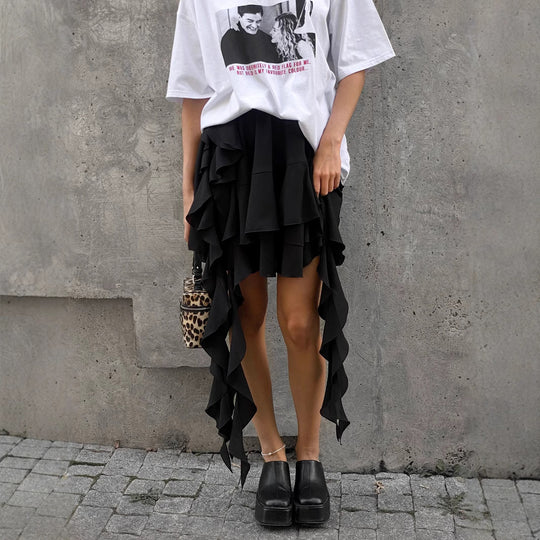 Damen Rüschenrock mit asymmetrischem Schnitt und fließendem Design Heidi-Mode