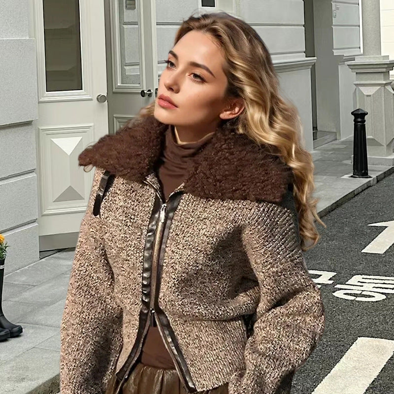 Damen Strickjacke mit kontrastierendem Kragen und seitlichem Reißverschluss Heidi-Mode