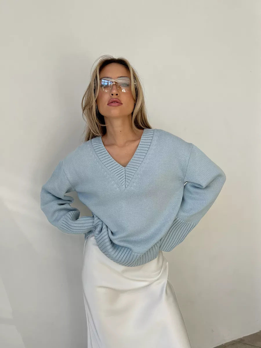 Damen lässiger V-Ausschnitt Pullover mit strukturierter Textur Heidi-Mode