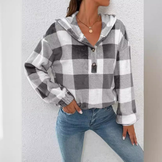 Damen Gemusterte Karo-Hoodie-Bluse Heidi-Mode