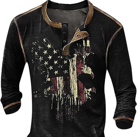 Herren Langarmshirt mit künstlerischem Grafikdruck und praktischem Knopfverschluss Heidi-Mode