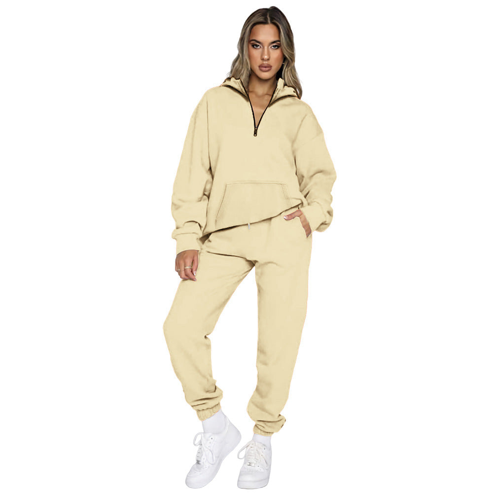 Damen gemütlicher Two-Piece Sweatsuit mit halbem Reißverschluss und praktischen Taschen Heidi-Mode