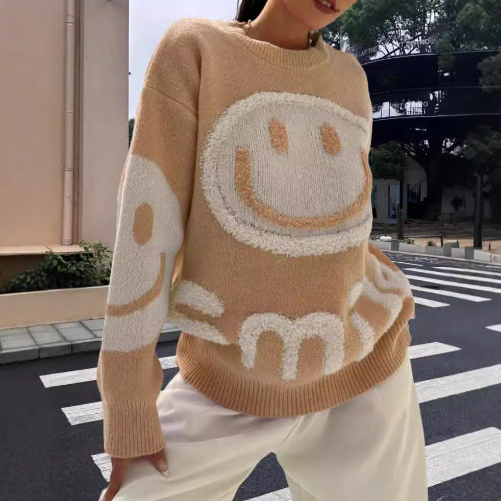 Damen Strickpullover mit fröhlichem Emoji-Motiv und komfortablem Schnitt Heidi-Mode