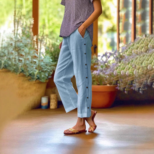 Damen Leichte und luftige Freizeithose mit Knopfdetails Heidi-Mode