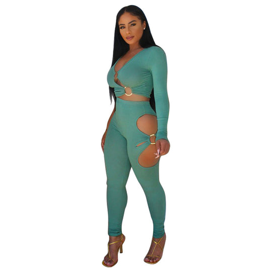 Damen Cut-Out Jumpsuit mit schimmerndem Design und langem Arm Heidi-Mode