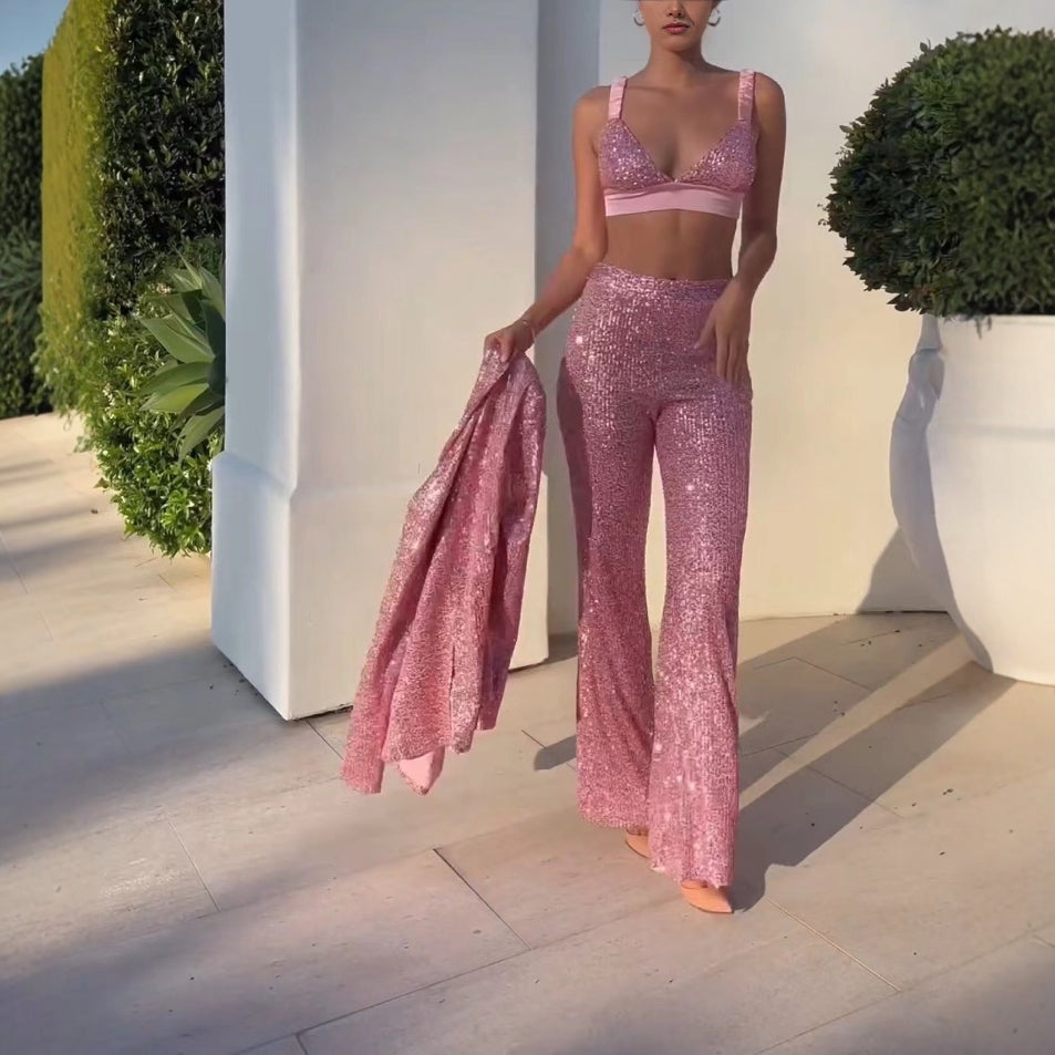 Damen Glitzerndes Anzugset mit weitem Schlag und elegantem Blazer Heidi-Mode