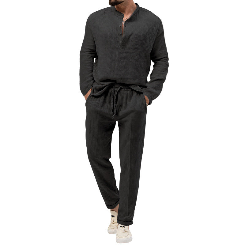 Herren Freizeit-Set aus atmungsaktivem Material mit Knopfleiste und elastischem Bund Heidi-Mode