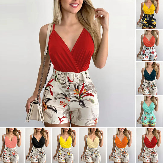 Damen Eleganter Jumpsuit mit tiefem V-Ausschnitt und floralen Details Heidi-Mode