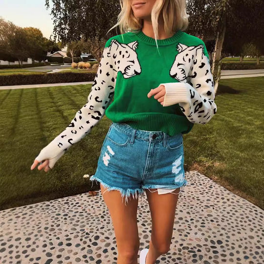 Damen modischer Strickpullover mit tierischem Motiv und farblich abgesetzten Ärmeln Heidi-Mode