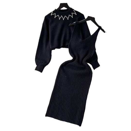 Damen Elegantes Strickkleid mit raffinierter Ribstruktur und stylischem Crop-Pullover Heidi-Mode