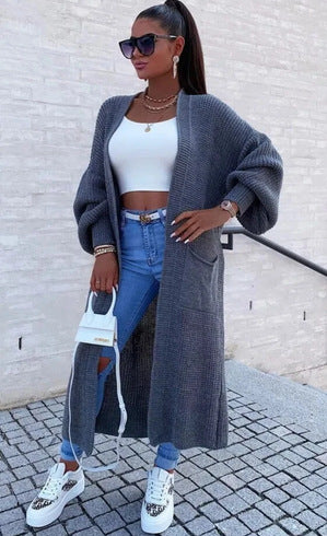 Damen Langer Strickcardigan mit weiten Ärmeln und praktischen Taschen Heidi-Mode