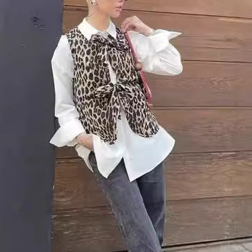 Damen ärmelloses Top mit charmantem Schleifenverschluss und modischem Leoprint Heidi-Mode