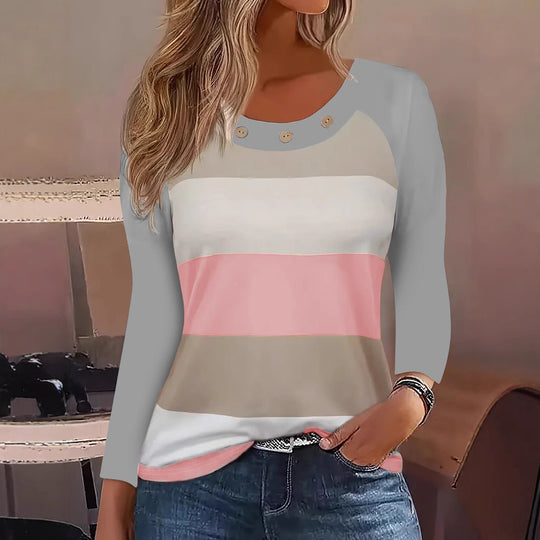 Damen Langarm T-Shirt mit modischem Streifenmuster und dekorativen Knöpfen Heidi-Mode
