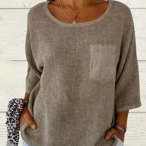 Damen lässiges Leinen-Oberteil mit lockerer Passform und Brusttasche Heidi-Mode