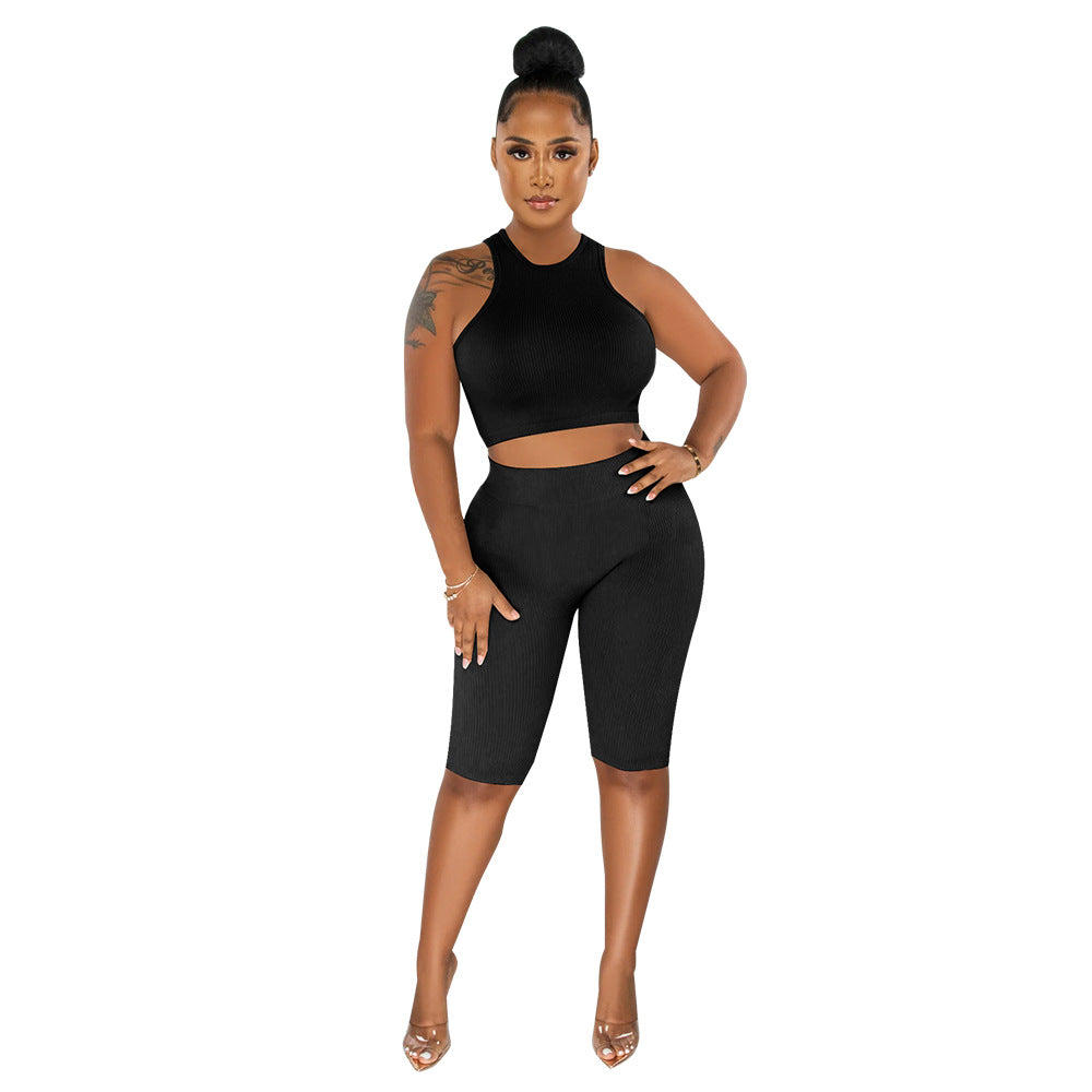 Damen Zweiteiliges Sport-Set mit hochgeschlossenem Top und figurbetonten Radlerhosen Heidi-Mode