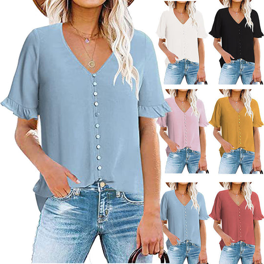 Damen Leichtes V-Ausschnitt Blusentop mit Rüschendetails Heidi-Mode