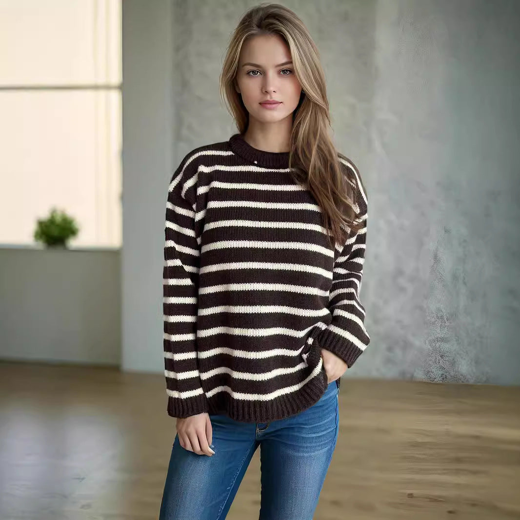 Damen lässiger Strickpullover mit breiten Streifen und lockerer Passform Heidi-Mode