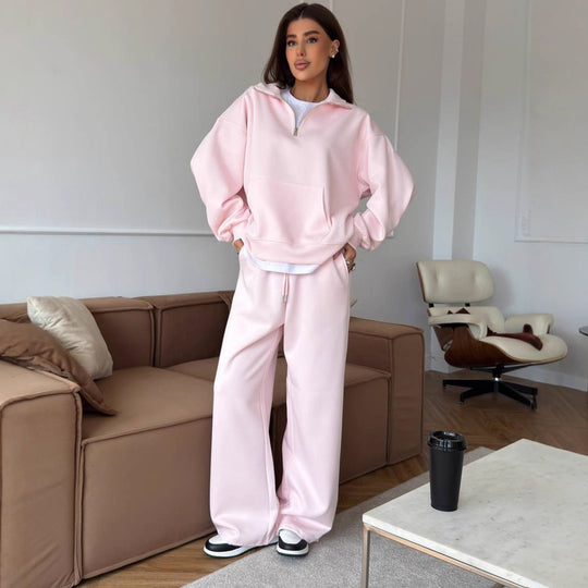 Damen lässiges Fleece-Set mit hochgeschlossenem Reißverschluss und weiten Beinen Heidi-Mode