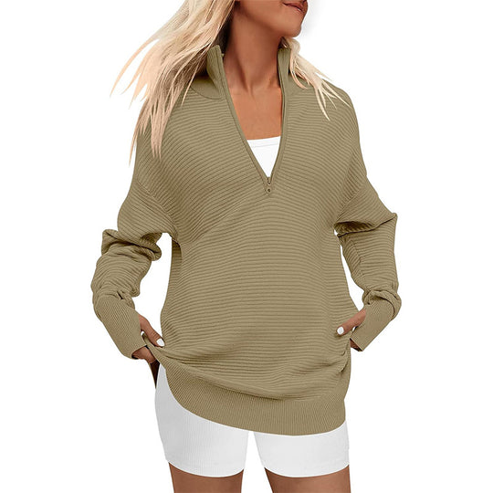Damen Oversized Pullover mit Stehkragen und Reißverschluss Heidi-Mode