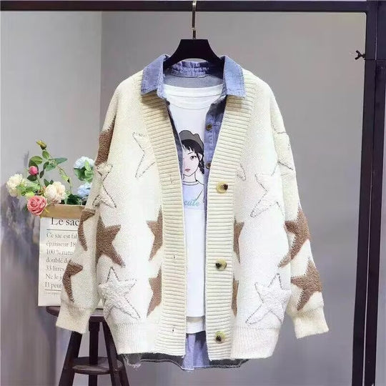 Damen Grobstrick-Cardigan mit Sternenmuster und tiefem V-Ausschnitt Heidi-Mode