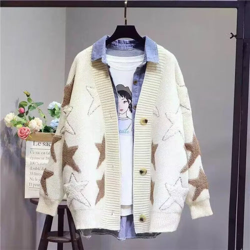 Damen Grobstrick-Cardigan mit Sternenmuster und tiefem V-Ausschnitt Heidi-Mode