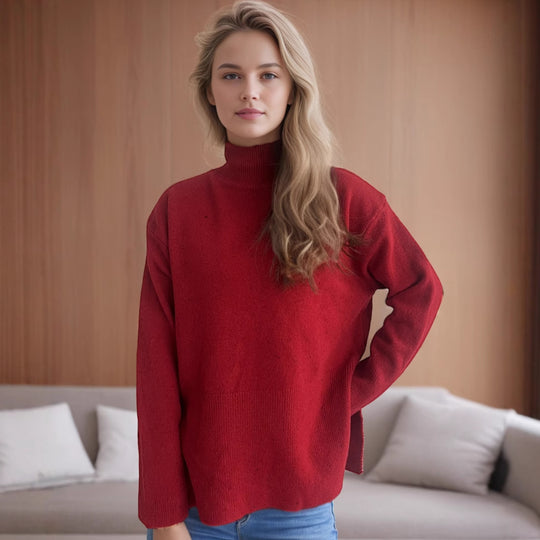 Damen Pullover mit hohem Kragen und asymmetrischem Saum Heidi-Mode