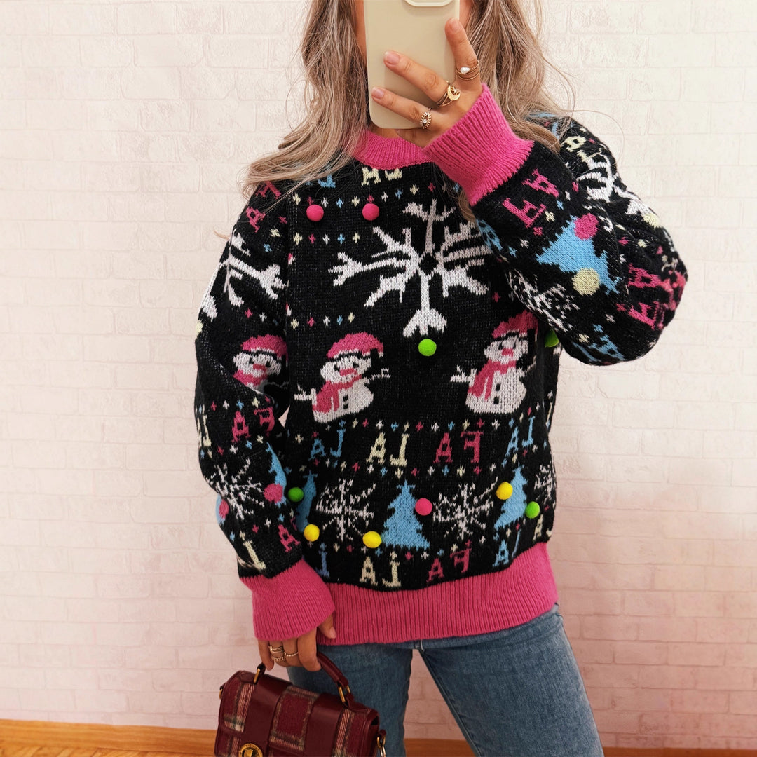 Damen festlicher Pullover mit farbenfrohen Weihnachtsmotiven und verspielten Details Heidi-Mode