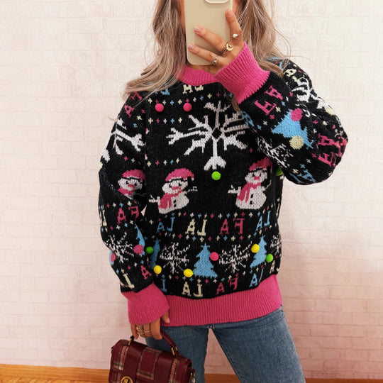 Damen festlicher Pullover mit farbenfrohen Weihnachtsmotiven und verspielten Details Heidi-Mode