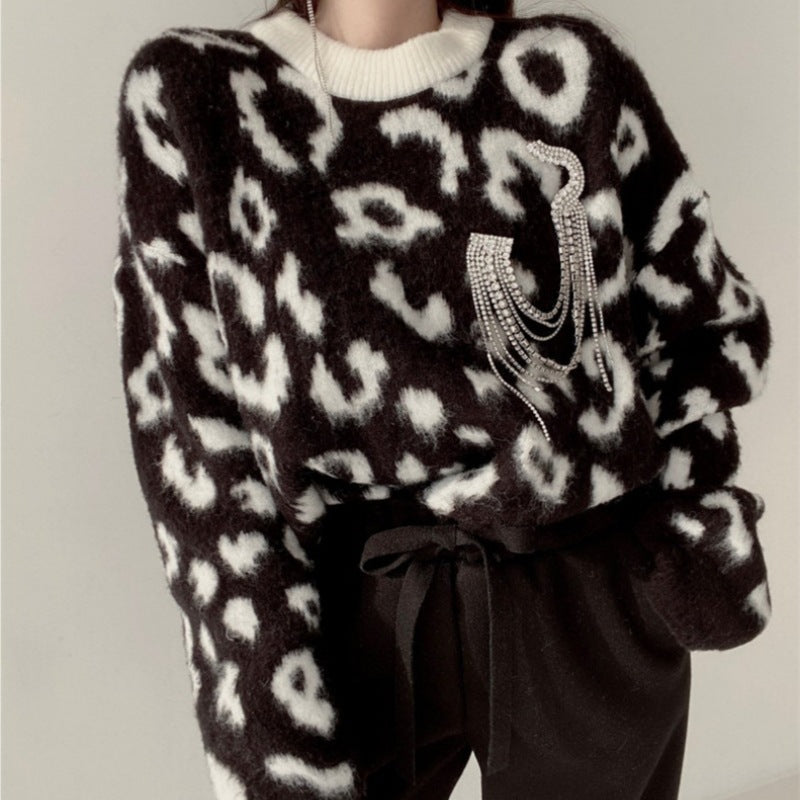 Damen Flauschiger Leopardenmuster Pullover Heidi-Mode