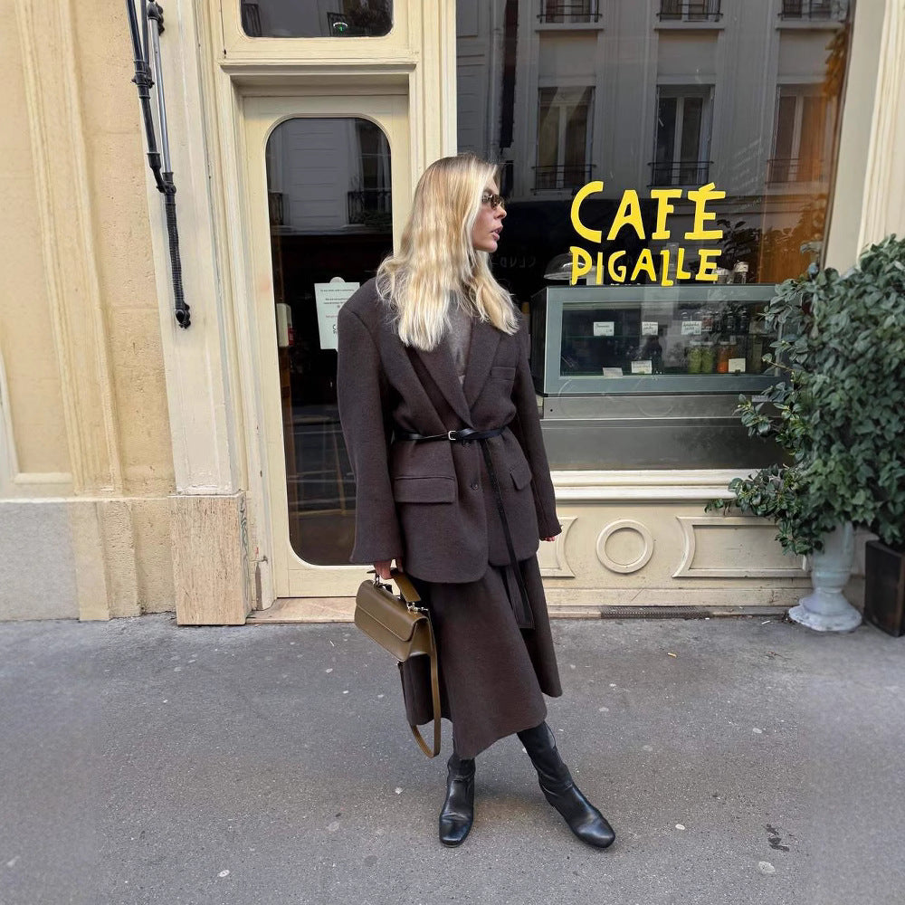 Damen Oversized Blazer mit Gürtel und eleganten Details Heidi-Mode