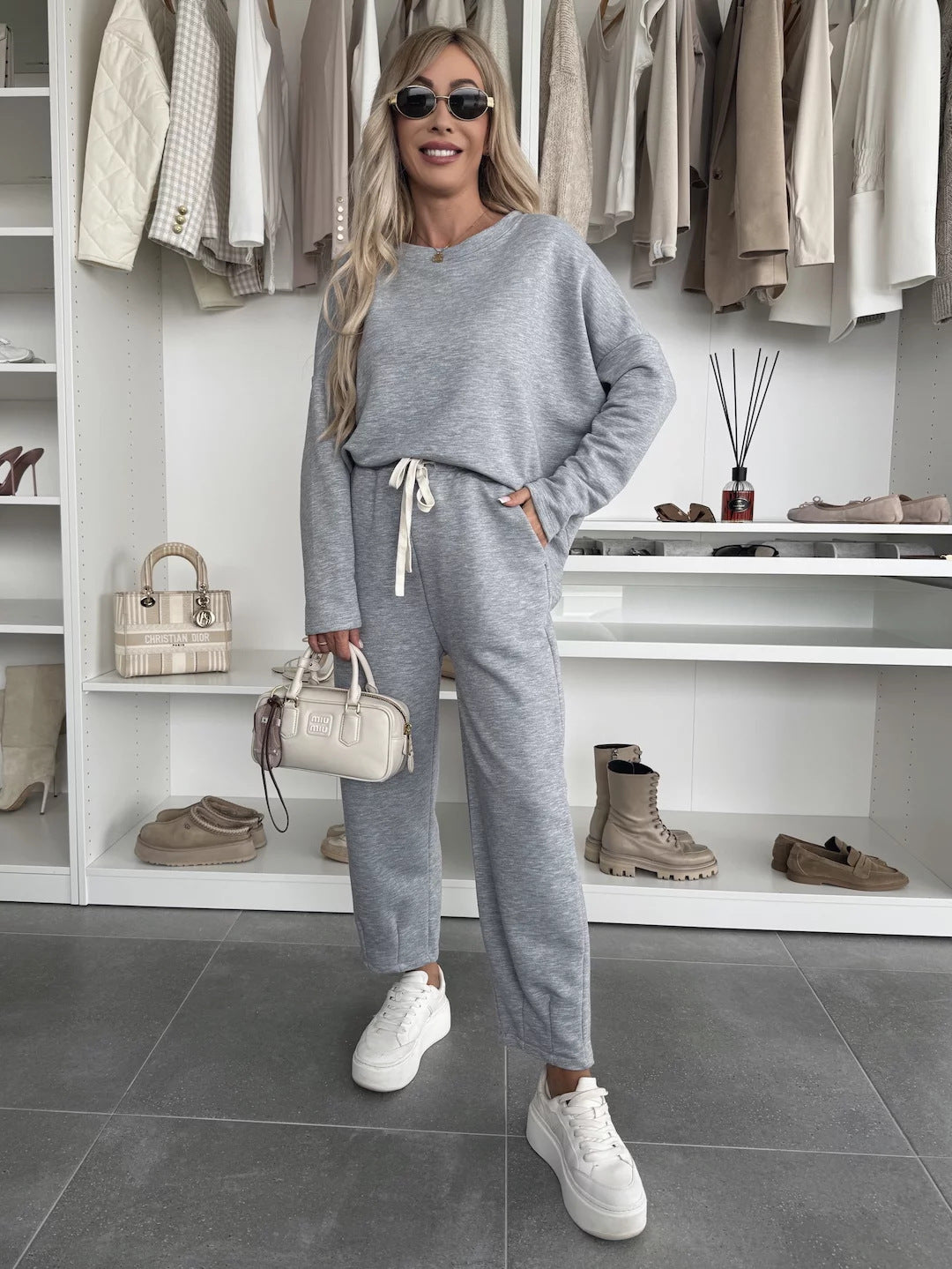 Damen elegantes Freizeit-Lounge-Set aus weicher Baumwolle mit Gummizug Heidi-Mode