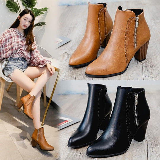 Damen elegante Stiefeletten mit modischem Reißverschluss und komfortablem Blockabsatz Heidi-Mode