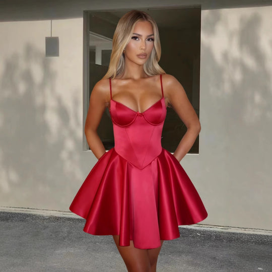 Damen Couture Mini-Kleid mit schickem A-Linien Schnitt und Spaghettiträgern Heidi-Mode