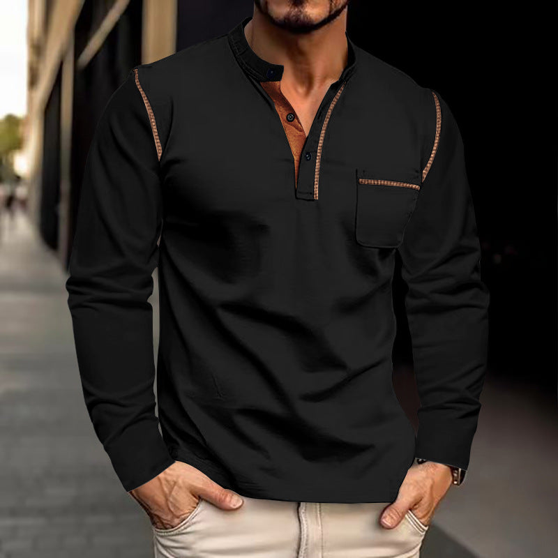 Herren Langarm-Henley-Shirt mit modernem Kragen und praktischer Brusttasche Heidi-Mode