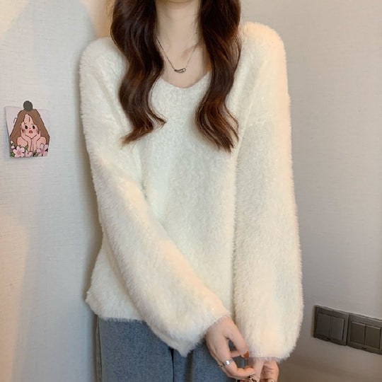 Damen Flauschiger Pullover mit weitem Schnitt Heidi-Mode