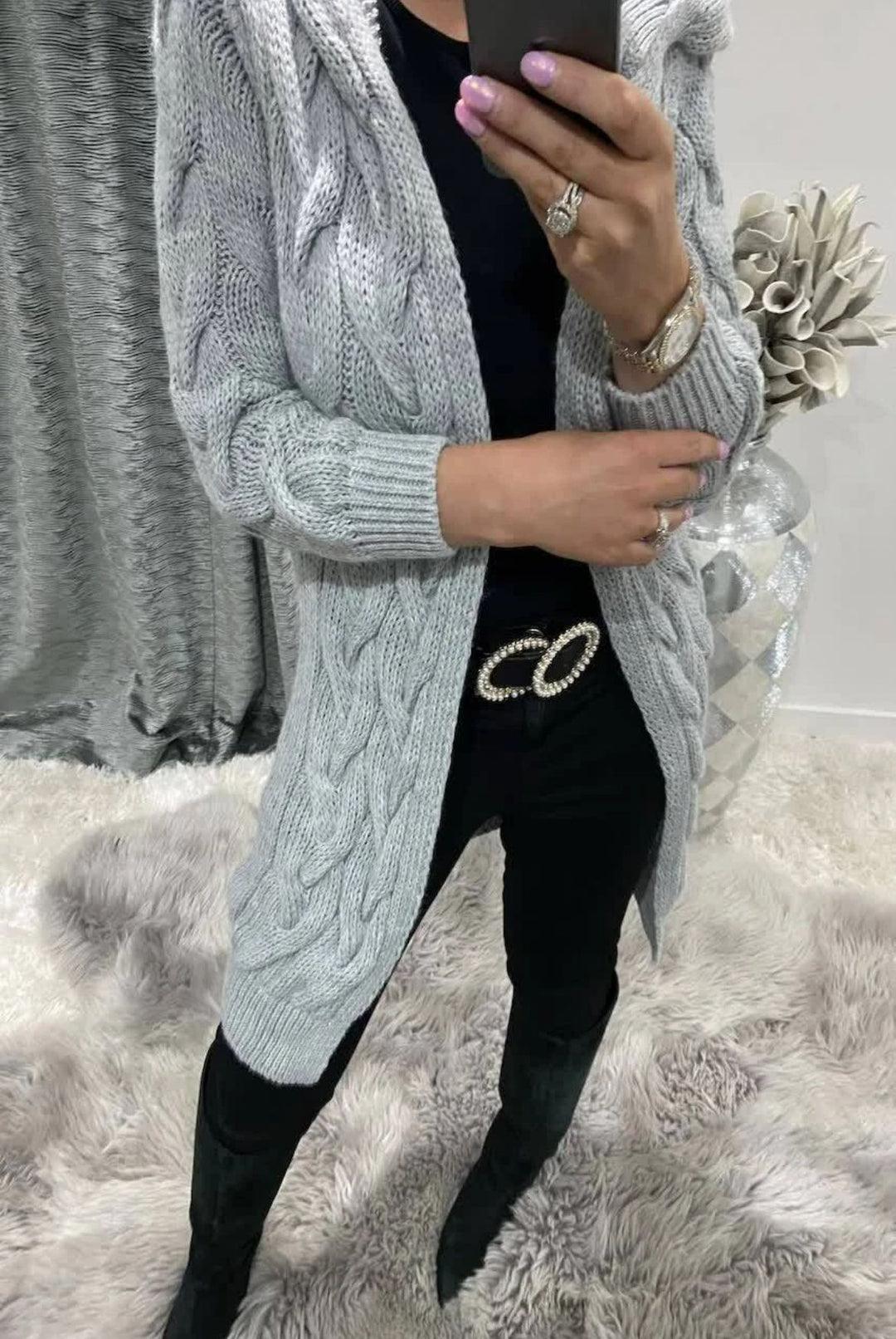 Damen Grobstrick-Cardigan mit Kapuze und Zopfmuster Heidi-Mode