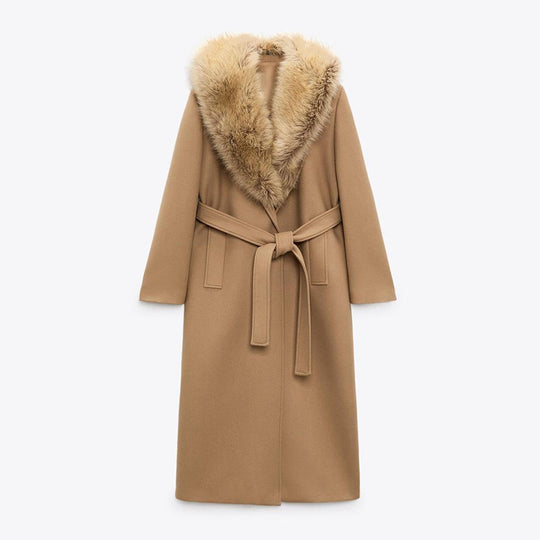 Damen Eleganter Trenchcoat mit gemütlichem Faux-Fur-Kragen und taillierbarem Gürtel Heidi-Mode