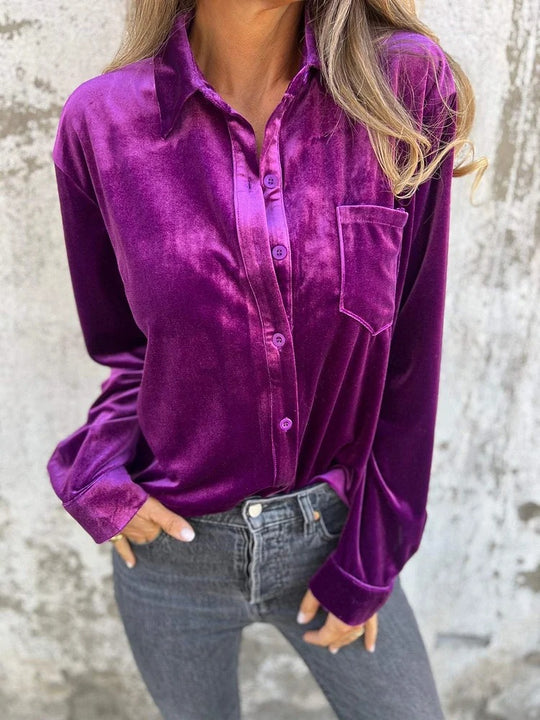 Damen Elegante Samtbluse mit klassischem Hemdkragen und langen Ärmeln Heidi-Mode
