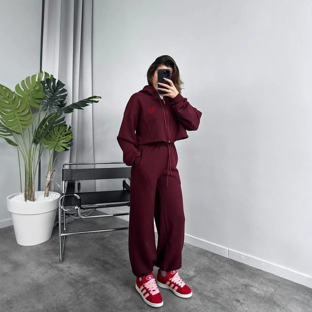 Damen lässiges Cropped Hoodie-Set mit weiten Jogginghosen Heidi-Mode