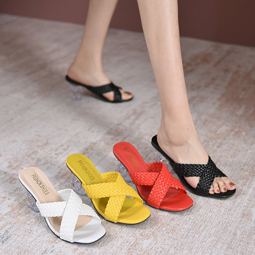 Damen Sandalen mit durchsichtigen Blockabsätzen und geflochtenem Riemchen Heidi-Mode