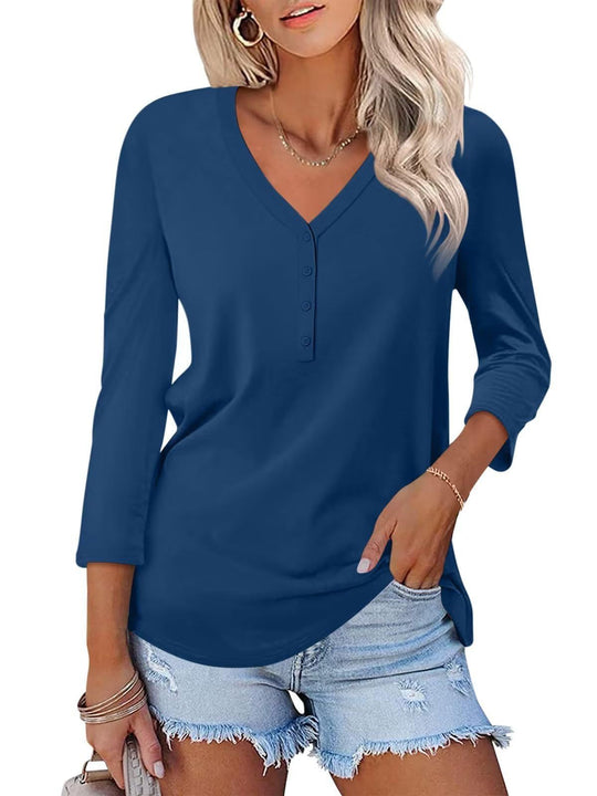 Damen Langarm T-Shirt mit Knopfleiste und V-Ausschnitt Heidi-Mode
