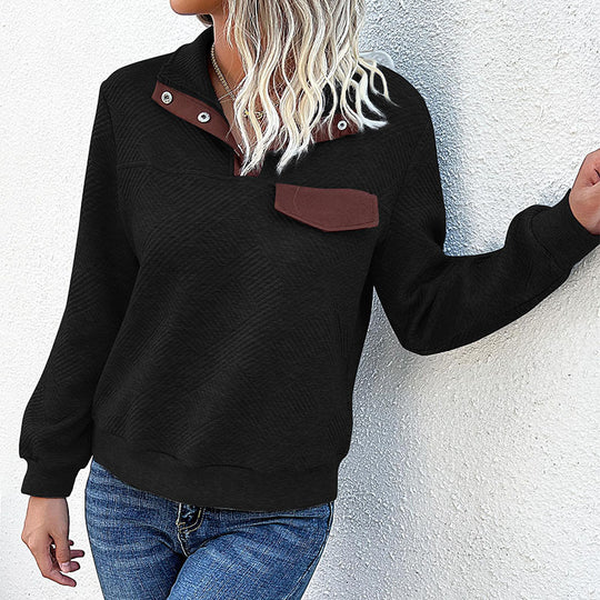 Damen Stehkragen Sweatshirt mit Knopfdetails und Brusttasche Heidi-Mode