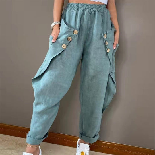 Damen lässige Sommerhose mit Knopfdetails und praktischen Seitentaschen Heidi-Mode